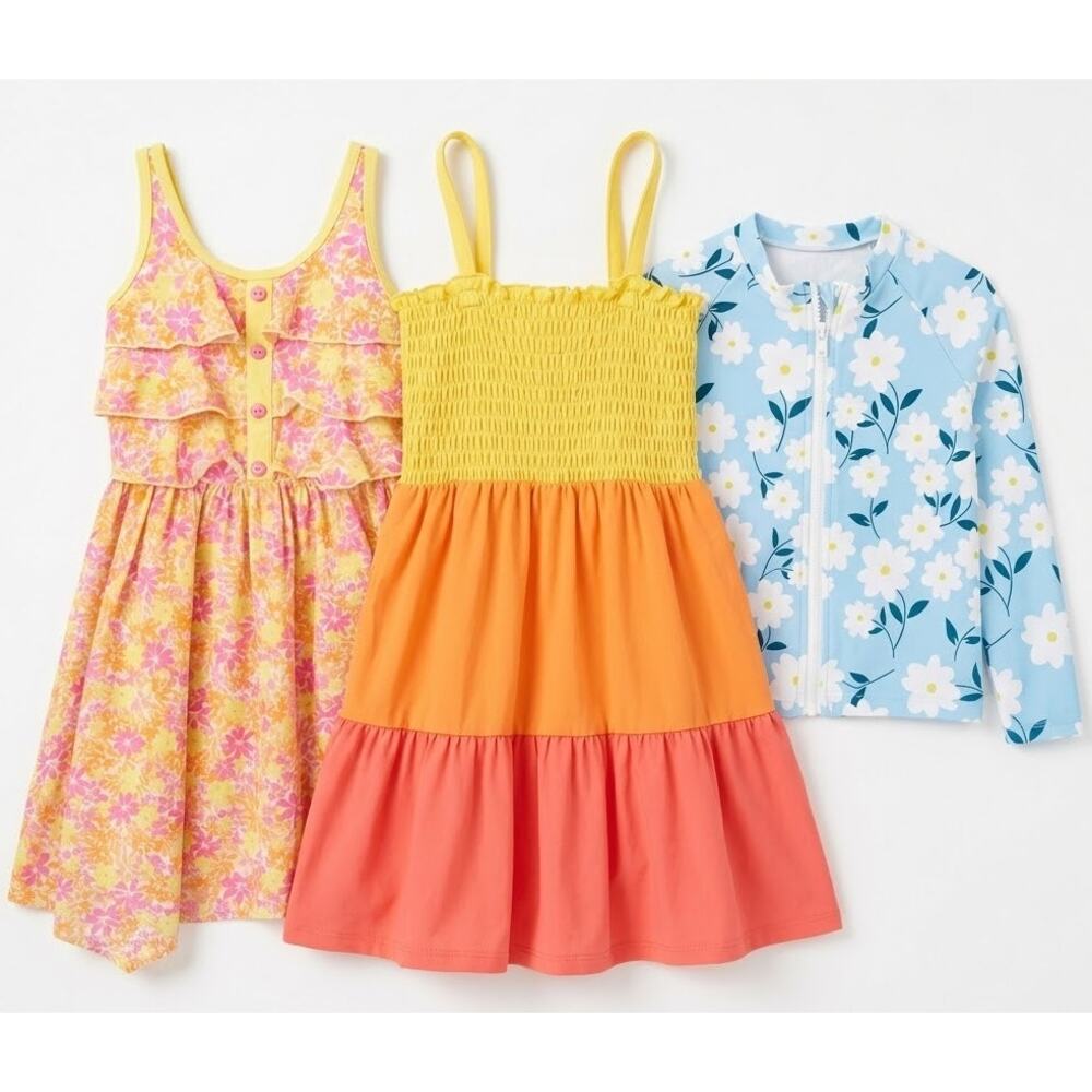 Girls Bundle 3pc Summer Dress Swim Jacket Floral Sun Dress Set